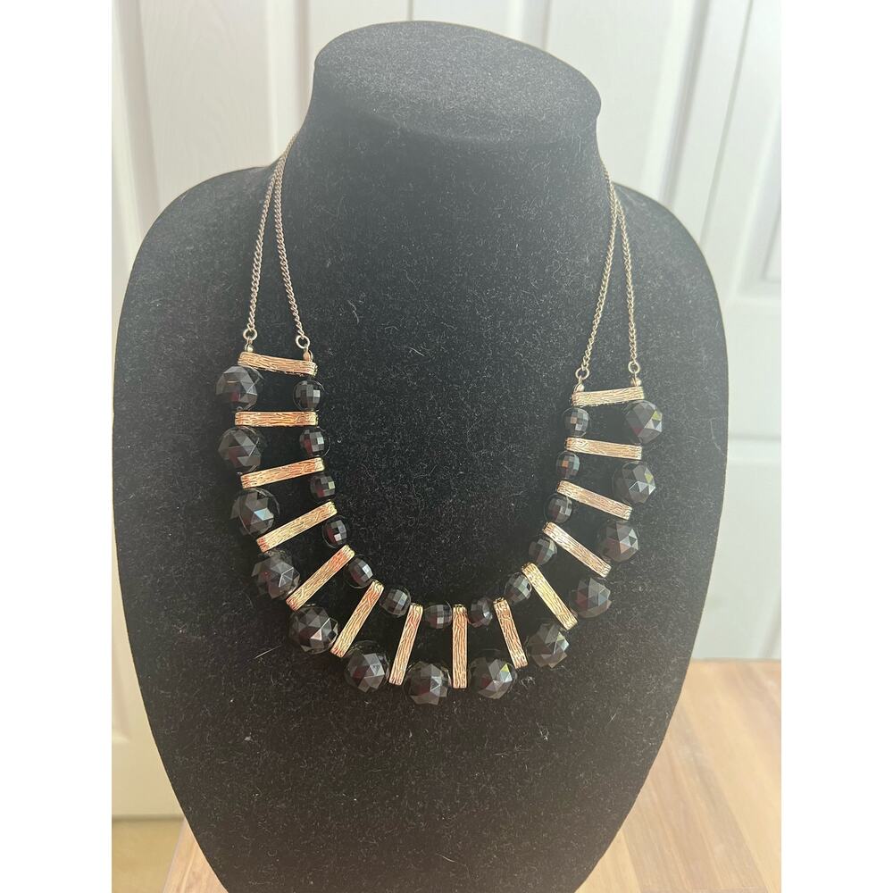 Vintage Black and Gold Tone Necklace Two Strands with Rondelle Beads - Picture 3 of 5